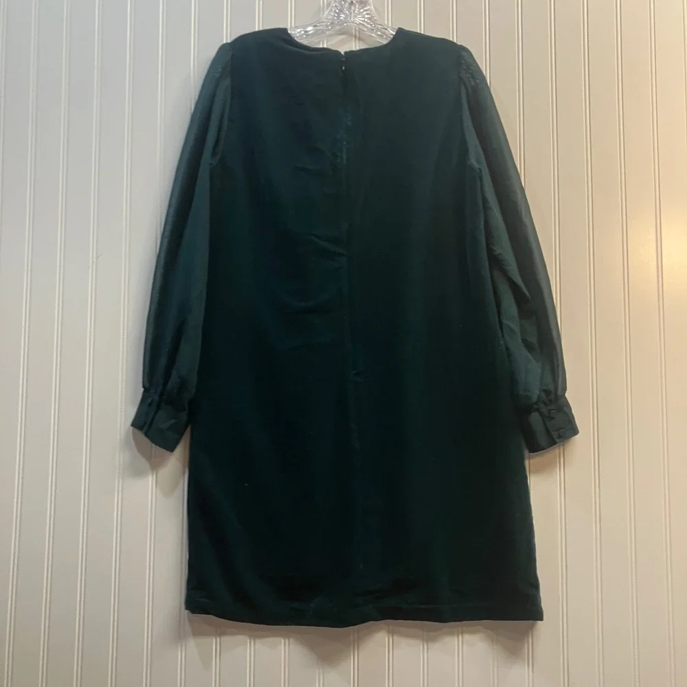 J. Crew Forest Green Velvet Shift Dress Sheer Long Sleeve Mini CE630 6 NWT Flaws